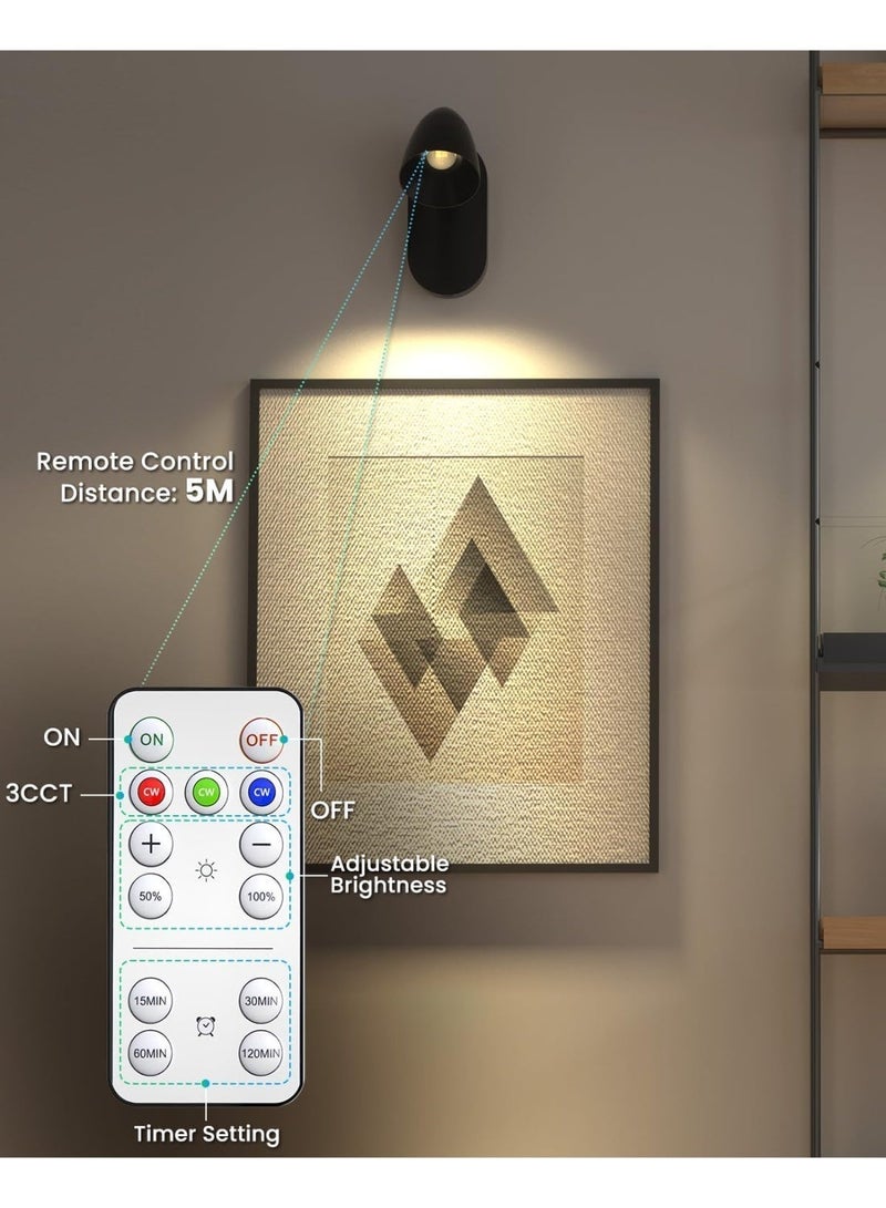 لياوسيسي مصباح جداري مغناطيسي قابل لإعادة الشحن LED للقراءة مع تركيب على الجدار، ضوء للمكياج قابل للدوران، 3 ألوان قابلة للتعتيم، ضوء داخلي يعمل بالبطارية، إضاءة تسليط لاسلكية مع مؤقت لغرفة النوم بجانب السرير، غرفة المعيشة، النباتات والأعمال الفنية - اللون الأسود - Image 3